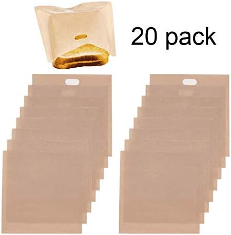 KENOO 20 Pack Non Stick Toaster Bags,Reusable and Heat Resistant,perfect for Grilled Cheese,Sandwich,Pizza Slices,Fish, Microwave,BPA & Gluten Free, Quality Teflon,FDA Approved