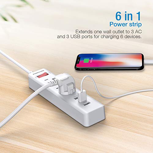 POWERADD Power Strip 3 Outlets with 3 Fast Charging USB Ports, 5ft Extension Cord with USB Ports (5V/2.4AX3) for Indoor,1625W/13A