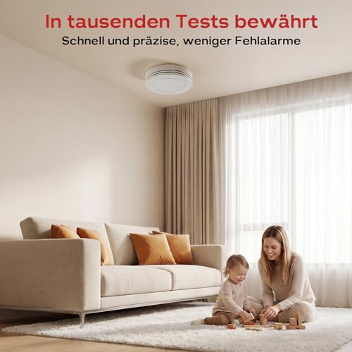 Safeliveo Smoke Detector, Fire Alarm with 10 Year Battery, 85 dB Alarm, No Flashing LED, with Mute Switch, Includes Adhesive Pads, EN 14604 Certified, Set of 5