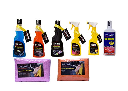 CAR Glass Cleaner 250ml.+CAR Wax Polish 250ml.+TYRE Dresser 250ML.+ Leather Dresser 250ML+CAR WASH Shampoo 250ML.+CAR RUBBING 100GM+ 2pc.CAR Microfiber Cloth Orange,Pink.