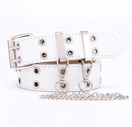 Double Grommet Leather Belt With Detachable Chain Women Punk Waist