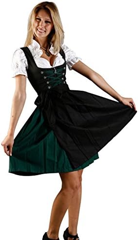 Bavarian Women's Midi Dirndl Dress 3-Pieces with Apron and Blouse Black Green
