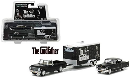 NEW 1:64 GREENLIGHT HOLLYWOOD HITCH &amp; TOW SERIES 3 COLLECTION - THE GODFATHER - 1972 CHEVROLET C-10 WITH 1955 CADILLAC FLEETWOOD SERIES 60 ENCLOSED CAR TRAILER Diecast Model Car By Greenlight
