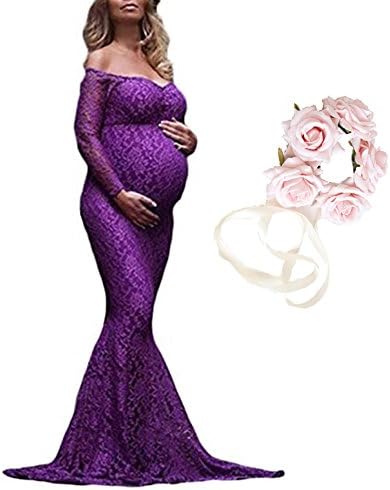 Women's Off Shoulder Long Sleeve Lace Maternity Gown Maxi Photography Dress (L, Purple)