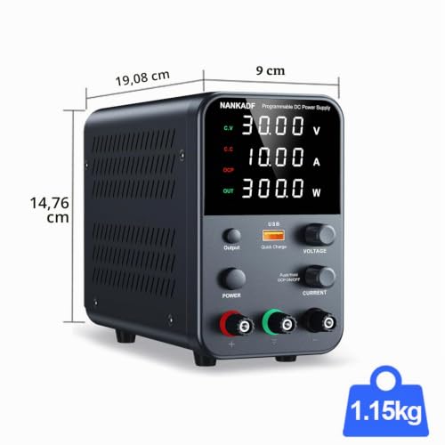 Laboratory Power Supply Unit, 0-30 V, 0-10 A, DC Adjustable Power Supply with 4-Digit LED Display, Encoder Adjustment Knob and Output Switch