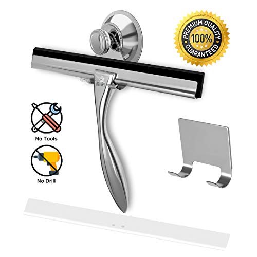 ALITA Bathroom Shower Window Squeegee - Deluxe Cleaning Tool for Mirror/Glass/Car Windshield/Kitchen, Stainless Steel, All Purpose Squeegee Wiper with Replacement Blade and Hook, 10 Inch