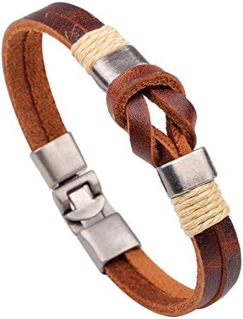 Unisex Fashion Charm Genuine Brown Leather Bracelet Boho Style Wrist Cuff,9 inches