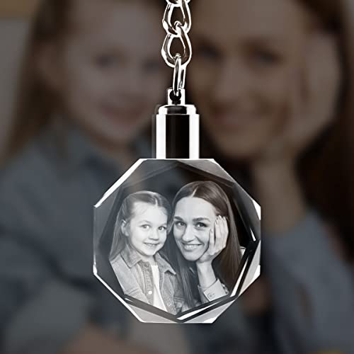 Roniatic Personalized Keychains with LED Light 3D Laser Etched Key Chain Photo Octagonal Crystal Great Memorial Gifts (Small, Octagonal)