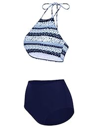 Bikini de dos piezas para dama, diseño floral con borde ondulado, con cuello alto, traje de baño