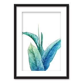 Framed Wall Art - Watercolor Style Tropical Plant - Black Picture Frames White Matting - 23x31 inches