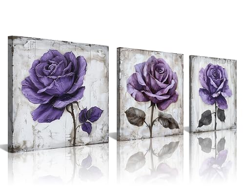 NAN Wind Leinwanddruck, Motiv: violette Rose, botanische Blumenkunst, modernes Blumen-Kunstwerk, fertig zum Aufhängen, strukturierter Wandkunstdruck,