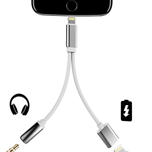 2 in 1 Lightning Charger + 3.5 mm Headphone Jack Audio Adapter for iPhone X, iPhone 8, iPhone 8 plus, iPhone 7, iPhone 7 plus, Adapter / Splitter (Support iOS 10.3 or Later (iOS 11.2)) [Silver]