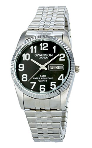 Swanson Japan Men's Silver Expansion Band Day-Date Black White Numbers Dial Watch with Travel Case