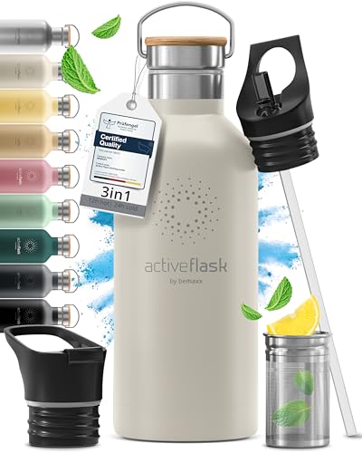 Trinkflasche Edelstahl mit Strohhalm, Infuser + 3 Deckel: BPA-frei, Auslaufsicher, Kohlensäure geeignet - Wasserflasche Fahrrad Thermosflasche Isolier