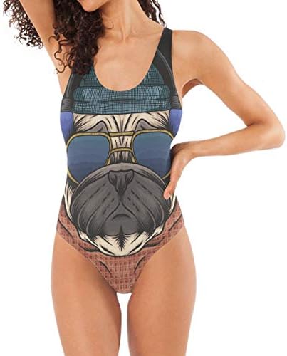 ハンサムなパグ犬ヘッドフォン水着 ワンピース 水着 モノキニ ビーチウェア 激安 女性 用 ティーンガールズ キッズ