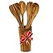 Olive Wood 5-Piece Wooden Cooking Utensil Set - Includes holder with spatula, cooking/mixing spoon, salad spoon and fork - Handcrafted in Tunisia - Unique patterns and color variations