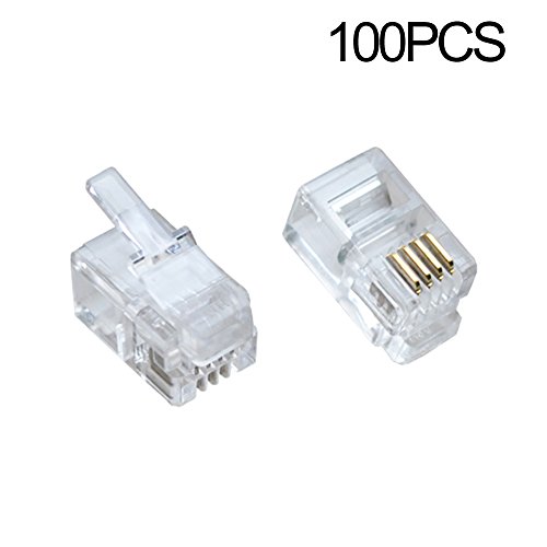 100Pack Transparent Color RJ9 Telephone Cable Plug 4P4C Connector