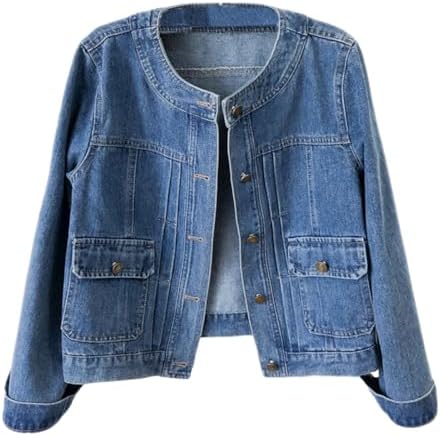 TRENDY XU Women Retro Collarless Long Sleeve Denim Jacket Short