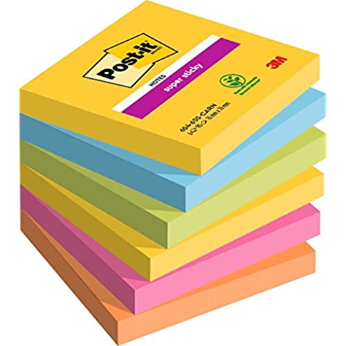 Notes Post-it Super Sticky, Couleurs Carnival, 76mm x76mm, 90feuilles/bloc, 6 blocs/paquet