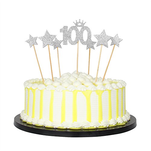 PALASASA Silver glitter 100 Days Cake Topper and pentacle for Parties Baby Happy Birthday,set of 7