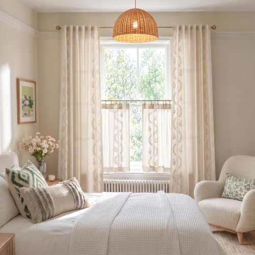 JINCHAN Linen Curtains for Bedroom Floral Curtains 84 Inch Length Linen Blend Beige Embroidered Drapes Farmhouse Flower Patterned Drapes for Living Room Window Treatments Set 2 Panels