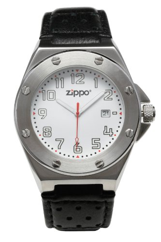 Zippo Casual Watch with White Dial/Black Leather Strap and Brushed Chrome Buckle