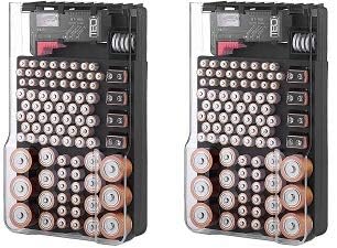The Battery Organizer TBO1531 The Batt Storage Case with Hinged Clear Cover, Includes a Removable Tester, Holds 93 Batteries Various Sizes, Black (2-(Pack))