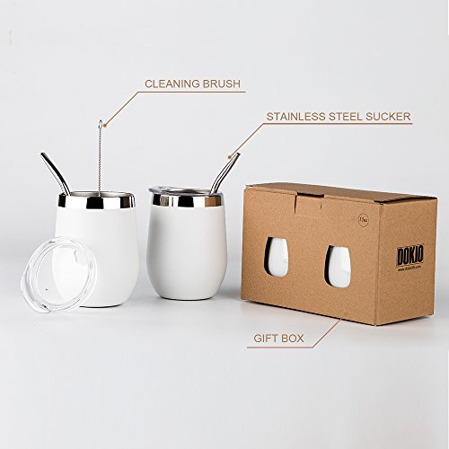 DOKIO Wine Glasses With Stainless Steel Straw 12oz Sippy Cup Tumbler White Stemless Double Wall Vacuum Insulated With Lid Unbreakable For Ice Hot Drink Coffee Champagne Cocktail Mug 2 Sets
