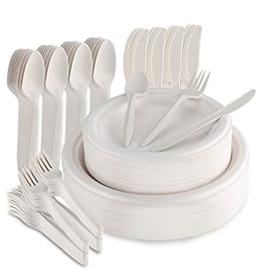 Aitsite-250Pcs-9-Paper-Plates-Party-Tableware-Eco-Friendly-Dinnerware-Set-Includes-50-Plates-Forks-Knives-and-Spoons-Combo-for-Party-Camping-Picnic Aitsite 250Pcs Plates and Cutlery Set, Biodegradable Tableware Set for 50 Guests Includes 9''+7'' Paper Plates, Forks…