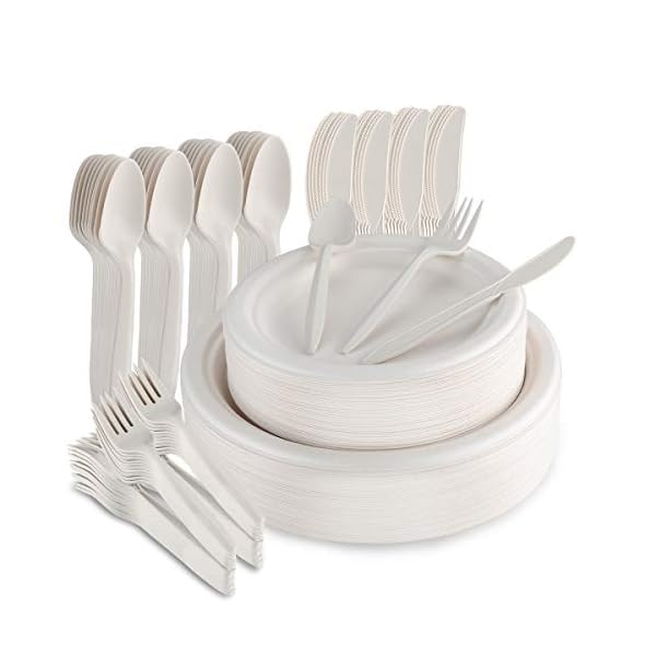 Aitsite-250Pcs-9-Paper-Plates-Party-Tableware-Eco-Friendly-Dinnerware-Set-Includes-50-Plates-Forks-Knives-and-Spoons-Combo-for-Party-Camping-Picnic Aitsite 250Pcs Plates and Cutlery Set, Biodegradable Tableware Set for 50 Guests Includes 9''+7'' Paper Plates, Forks…