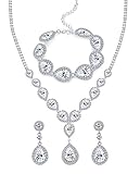 FUNRUN JEWELRY Wedding Bridal Crystal Jewelry Set for Women Teardrop Statement Necklace Bracelets Earrings Set