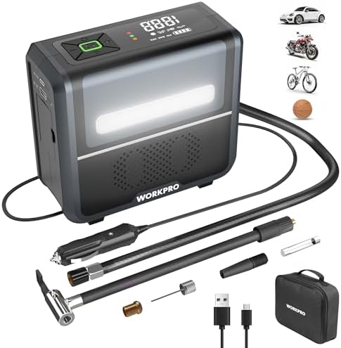 Kabellose Elektrische Luftpumpe 3-in-1 mit LED-Licht, Powerbank, Akku Kompressor mit Display & Abschaltautomatik, für Auto, Fahrrad, Motorrad, Bälle – USB & 12V Ladeoption