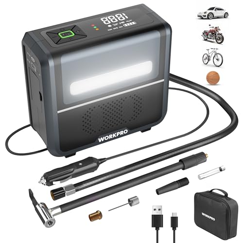 Kabellose Elektrische Luftpumpe 3-in-1 mit LED-Licht, Powerbank, Akku Kompressor mit Display & Abschaltautomatik, für Auto, Fahrrad, Motorrad, Bälle – USB & 12V Ladeoption