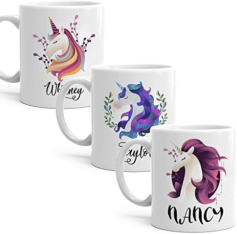 パーソナライズコーヒーマグ ユニコーン 名前入り 18種類のデザイン 11オンスと15オンス 大きなセラミックカップ お揃いのコースター付き 子供 女性 男性 誕生日プレゼント クリスマスギフトに 11 Oz ホワイト