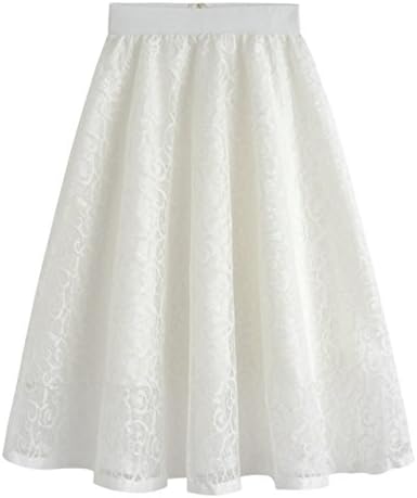ten is heart Elegant Beautiful Flower Pattern Lace Skirt Knee Length Flare A Line Ladies Mimlee Length (wtite)