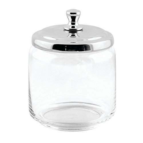 InterDesign York Bathroom Vanity Glass Apothecary Jar for Cotton Balls, Swabs, Cosmetic Pads - Small, Clear/Polished Lid