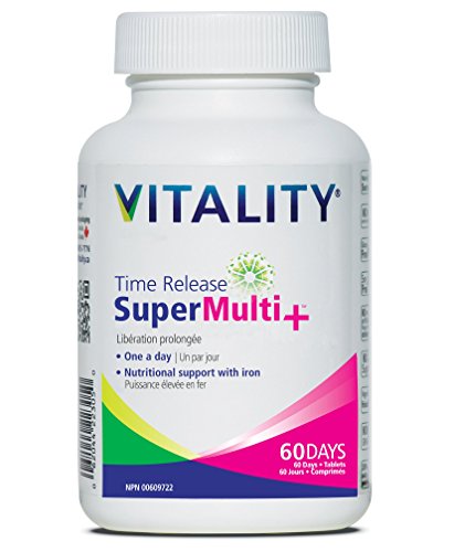 VITALITY Time Release Super Multi+ 60 Tablets (60 Days) | Complete One-A-Day Multivitamin with 19 Vitamins and Minerals | Supports Healthy Hair, Skin and Nails | Natural Supplement to Support Energy | Iron, B12, Vitamin D, Vitamin C, Magnesium | Vegan, Gluten Free, Non Gmo, No Artificial Colours