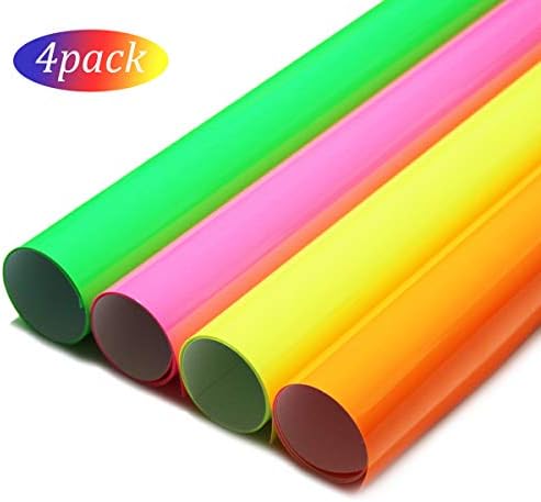 Heat Transfer Vinyl Neon Colors Iron-on HTV Heat Press Vinyl for DIY T-Shirts and Fabrics, for Silhouette Cameo or Cricut, 4 Assorted Colors,(Neon Green, Neon Yellow, Neon Pink, Neon Orange)