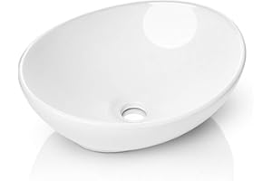 Kichae Oval Vessel Sink 16"x13" Modern Bathroom Vessel Sink Above Counter Egg Oval Shape White Porcelain Ceramic Vessel Vanity Sink Art Basin