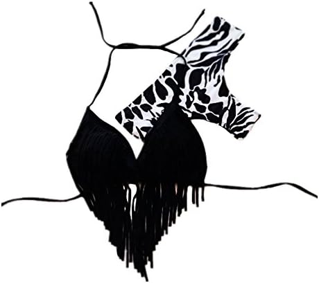 Hihihappy Trendy Women's Fringe Leopard Bikini Set Backless Tassel Swimsuit Swimwear (S/Label M, White+Black Thong) White+black ThongMedium sexy