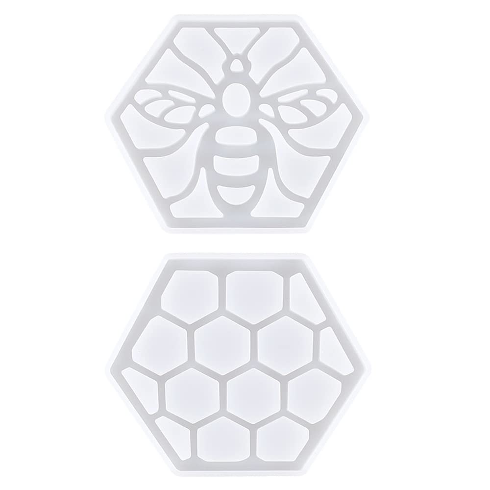 2 Pcs Bee Honeycomb Resin Coaster Molds DIY Silicone Moulds Hexagon Silicone Molds for Epoxy Resin Casting DIY Art Craft Cup Mats