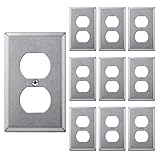 [10 Pack] BESTTEN Duplex Receptcle Metal Wall Plate, 304SS Material, 1 Gang Standard Industrial Stainless Steel Outlet Cover, Durable Corrosion Resistant, Silver