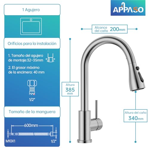 APPASO Grifo de Cocina, Níquel Cepillado de Acero Inoxidable SUS304 Mezclador para Fregadero, Grifos para Fregadero de Cocina de Alto Arco Llaves para Fregadero de Cocina con Placa de Cubierta