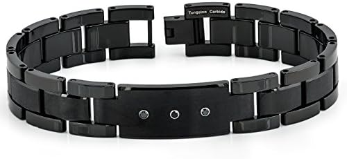 8.5" Men's Tungsten Bracelet - Brushed &amp; High Polished Black Enamel Plated Tungsten Carbide ID Bracelet with THREE 0.05ct Black Diamonds