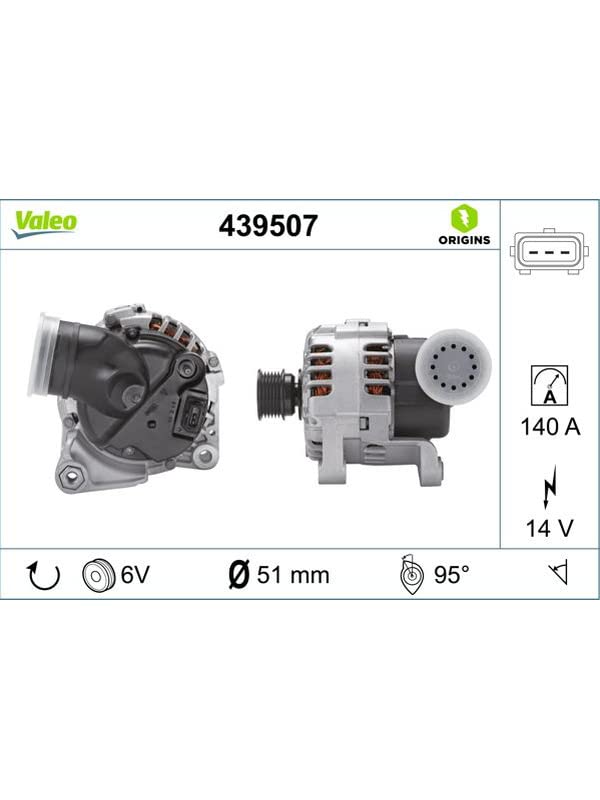 VALEO-439507-Alternateur-Courant de charge de l'alternateur [Amp] : 140 - Nombre de stries : 6 - Diamètre de la poulie [mm] : 51 - Voltage [V] : 14 - Sens de rotation : SENS HORLOGE