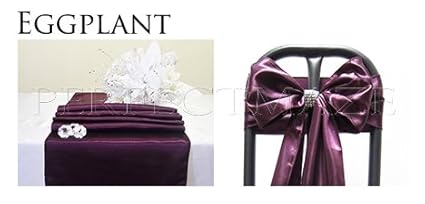 Perfectmaze Satin Party Combo Kit 10 Table Runner 50 Chair Sash Bow For Wedding Party Event Decoration 20 Colors Eggplant
