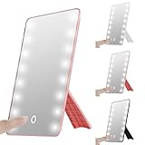 Adjustable LED Lighted Vanity Tabletop Mirrors, Oenbopo Smart Touch Rotatory 16LED Lighted Vanity Mirror Makeup Cosmetic Countertop Cordless Table Mirror for Home Travel Office (Pink)