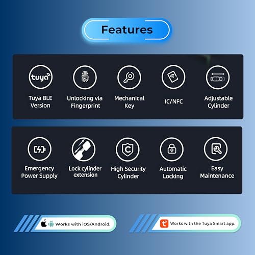 Smart Door Lock Keyless Entry 5 in 1 with Fingerprint, Keypad Lock, IC Card, and Mobile App Control, Remote Access via Gateway, Adjustable Cylinder, for Homes,Offices, & Vacation Rentals