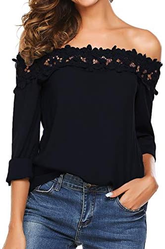 Womens Casual Lace Patchwork Long Sleeve Off Shoulder Tops Chiffon Shirt