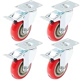 4 Pack Caster Wheels Swivel Plate Stem Brake Casters On Red Polyurethane Wheels (4 inch with brake)